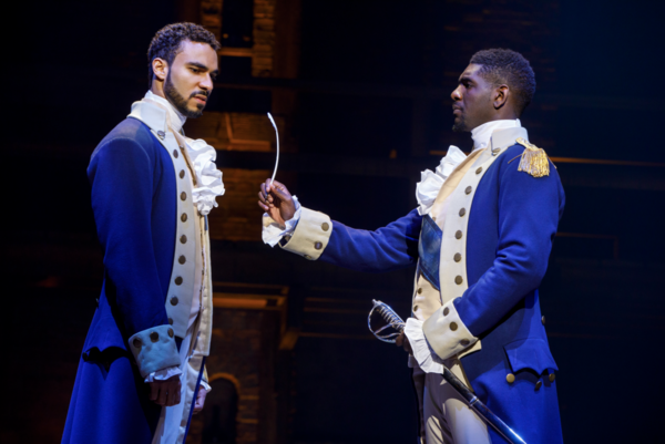 Austin Scott & Carvens Lissaint in the Angelica National Tour of Hamilton. 
Photo Cre Photo